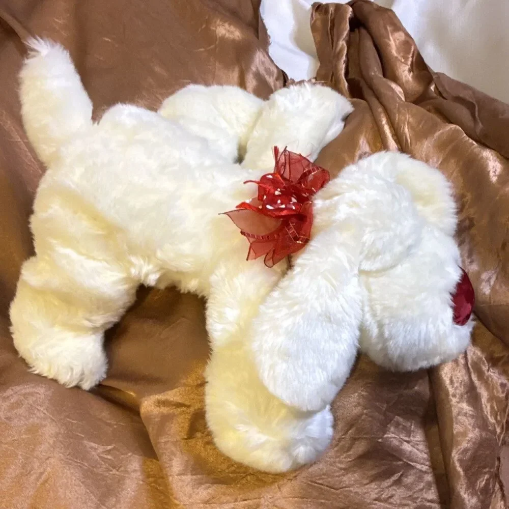 Dan Dee White Plush Puppy Dog Red Heart Nose Red Ribbon Bow 14in Vintage 1999